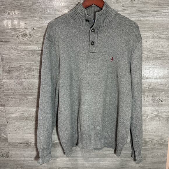 Polo Ralph Lauren 3 Button Mock Neck Sweater Gray 1/4 Button Red Pony Size XL - Picture 1 of 7